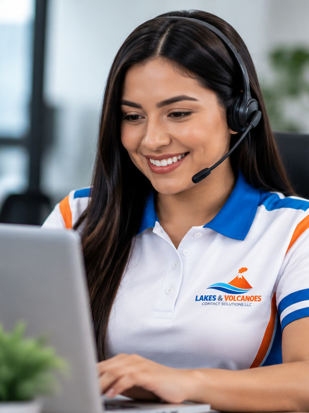 Assistant wearing a Lakes & Volcanoes polo and headset, working at a laptop