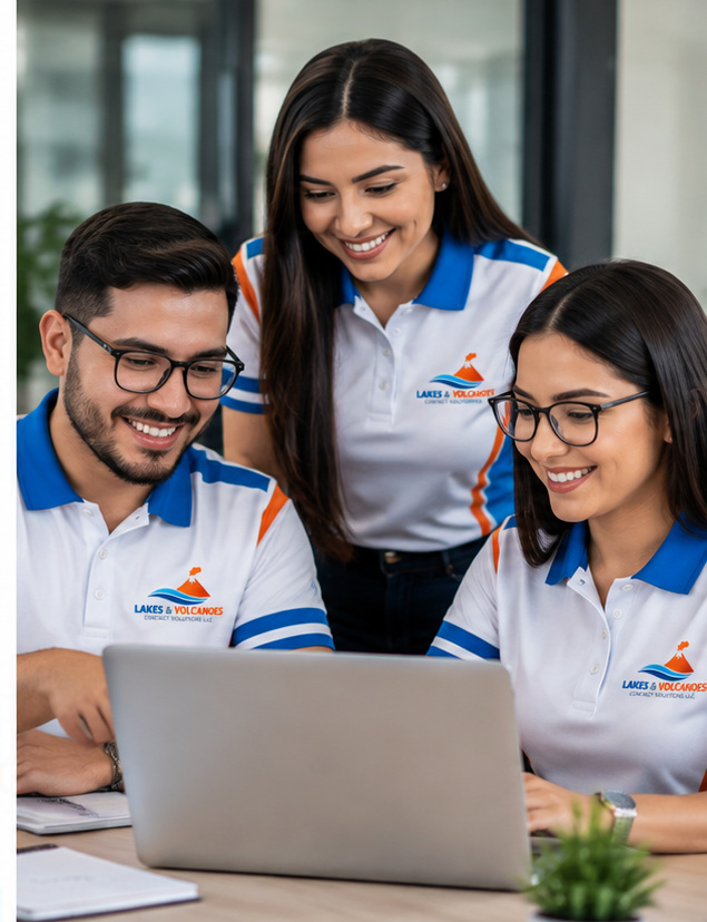 Three people in Lakes & Volcanoes polos collaborating around a laptop